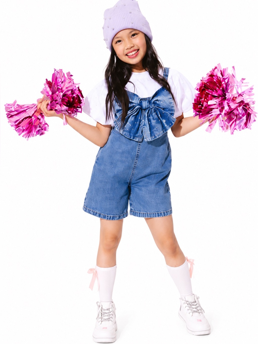 Lola + The Boys Sparkle Bow Denim Overalls Romper Rhinestone Girls Size 12 - Picture 7 of 9